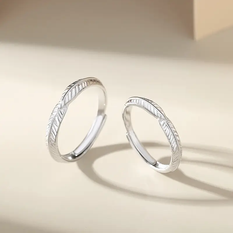 S925 Sterling Silver Leaf Feather Couple Ring