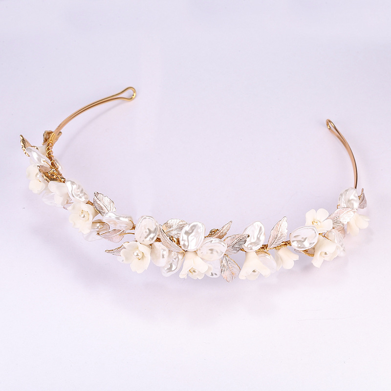Golden Leaf Bridal Headwear Ceramic Flower Hair Ring