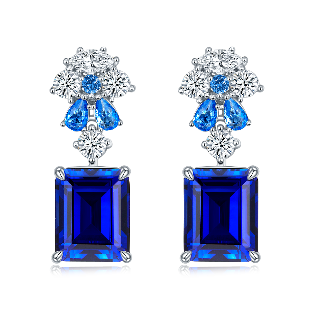 S925 Silver 6.5g 8ct Lab-Created Sapphire Drop Earrings, 10x8mm Emerald Cut, Pair