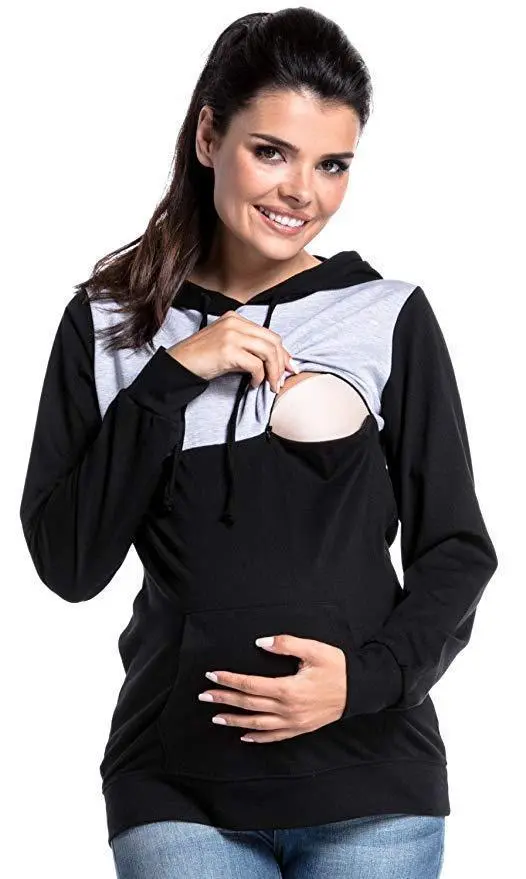 Hooded Colorblock Maternity Nursing Top Sweatshirt Black - Shop at LoveMi