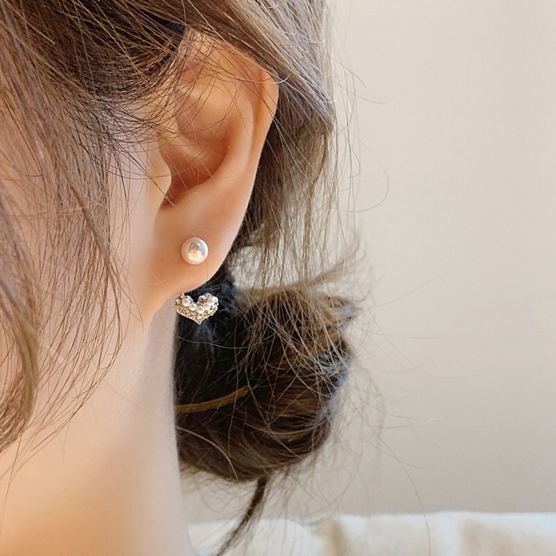 925 Silver Needle Rhinestone Love Pearl Stud Earrings