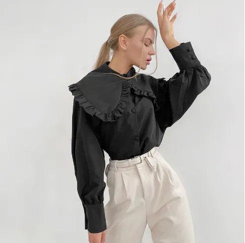 Palace Wind Doll Collar White Cotton Shirt Female Autumn And Winter Europe And America Wooden Ear Edge Long sleeved Shirt Black - Shop at LoveMi