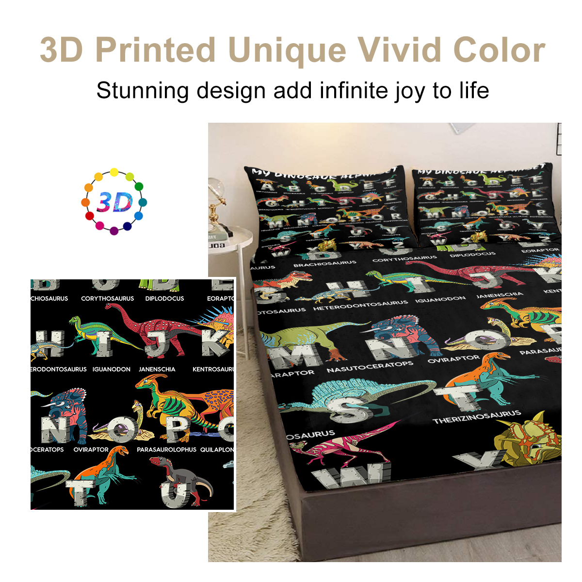 Bedding Fitted Sheet With Deep Pocket, Dino Printed Thicken Soft Fabric Bed Sheets