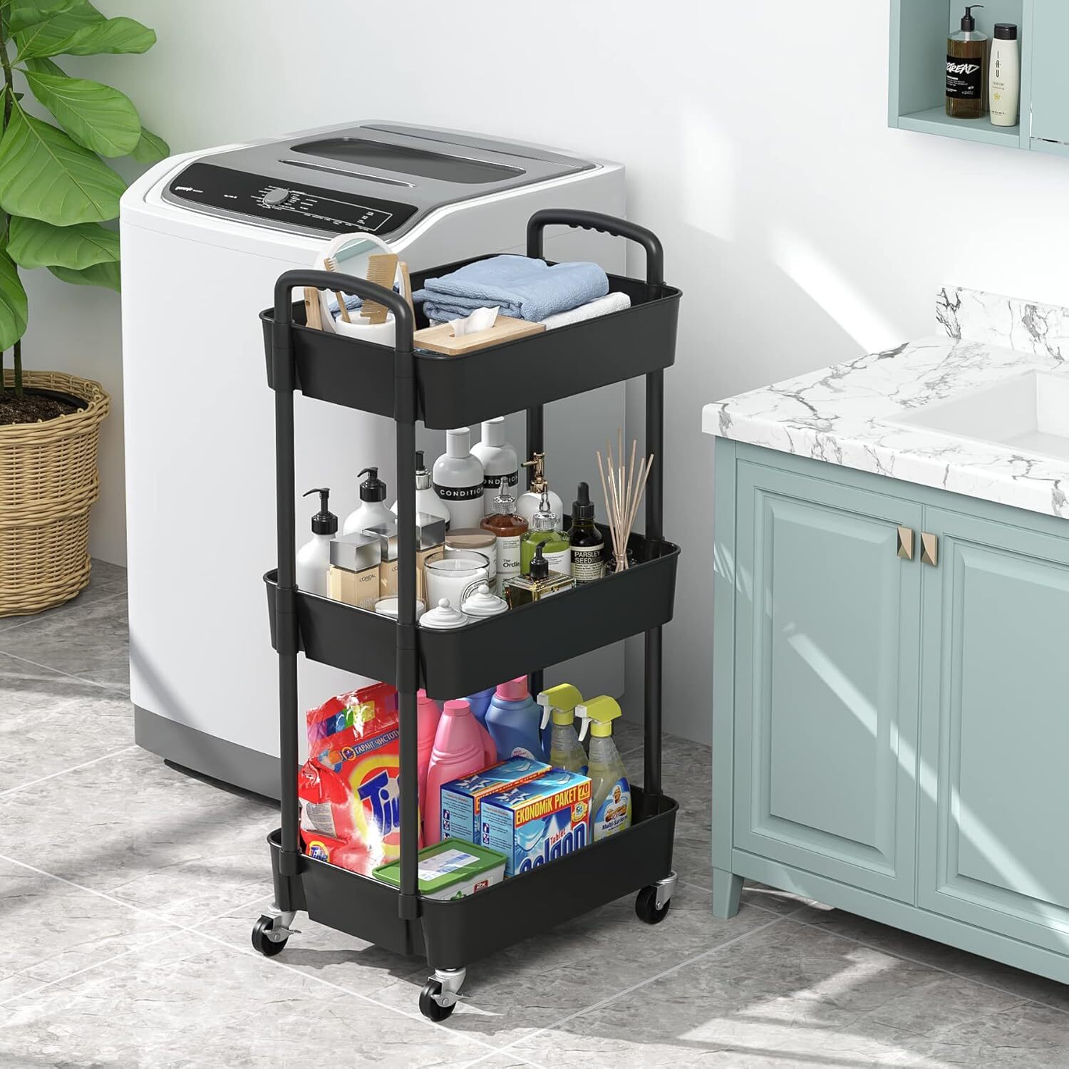 Carrito Organizador de 3 Niveles para Cocina, Baño y Lavandería Negro - imagen 1