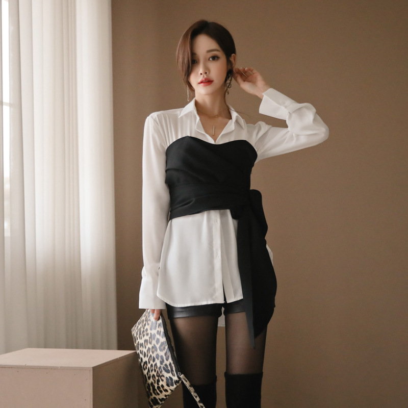 Fashionable Temperament Loose Chest Tie Bow Waist Two piece Set White Shirt Black Wrap Chest - Shop at LoveMi