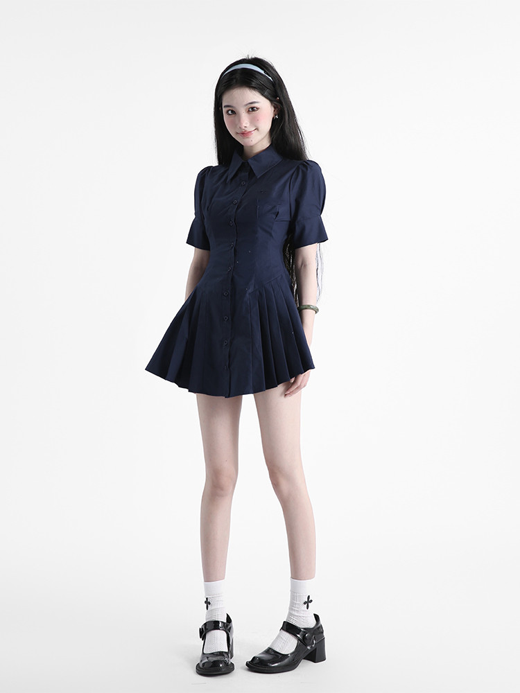 Navy Blue Women's Slim Waist Dress Blouse