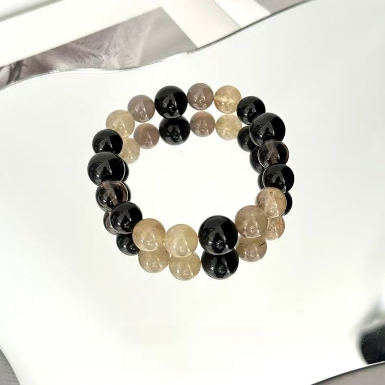 Natural Black Gold Super Seven Smoky Quartz Bracelet Silver Obsidian Two Tone Beaded Chain Unisex Energy Jewelry