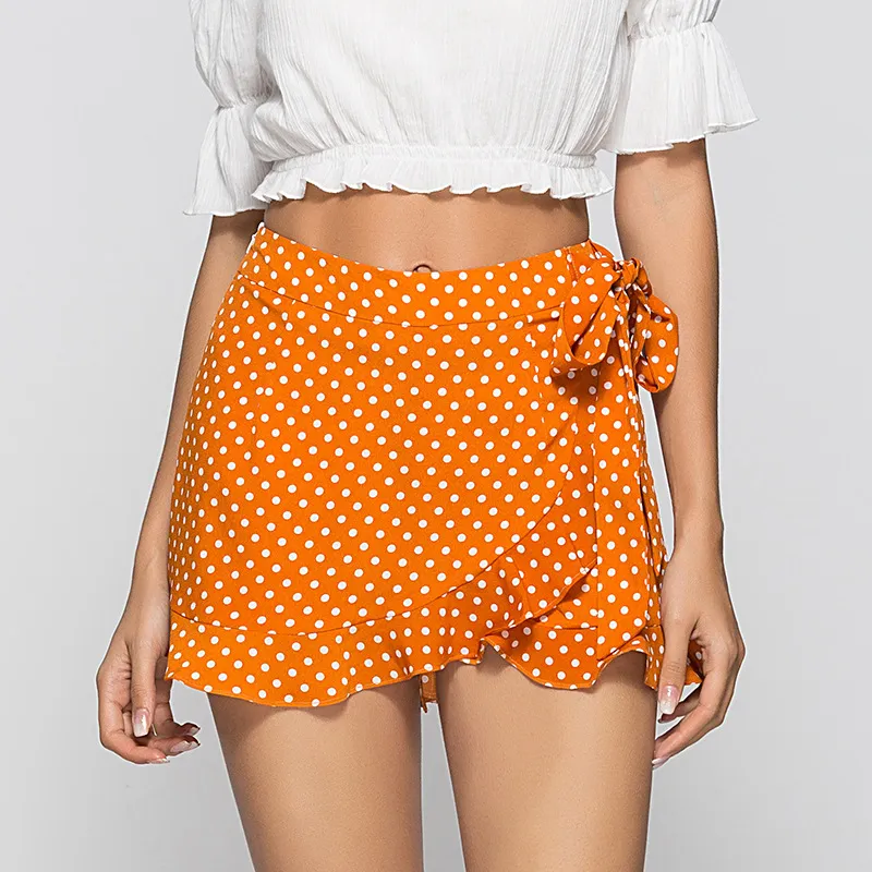 European And American Sexy Polka Dot Ruffled Waist Band Short Culottes - Yellow