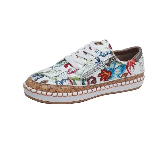 Ethnic Style Printed Flats Shoes Casual Side Zip Slip on Shoes Loafers Women White - Shop at LoveMi