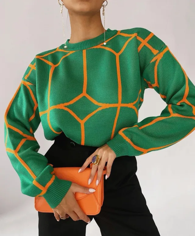 Crew Neck Line Pattern Knit Top Green - Shop at LoveMi