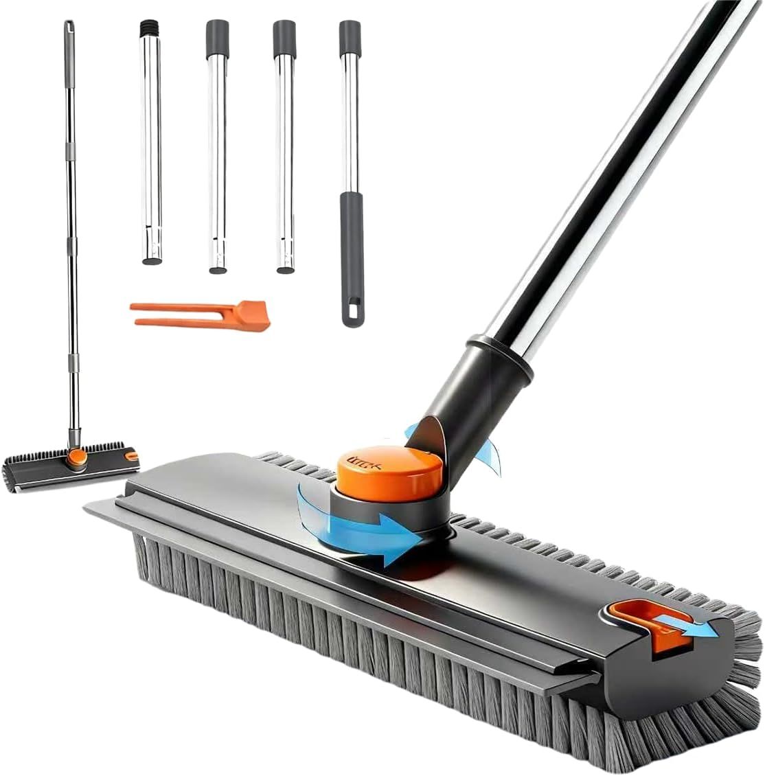 Floor Scrub Brush With 54in Adjustable Long Handle, Grey&Orange  3 In 1 Floor Scrub Brush With Scraper And Stiff Bristle, Heavy Duty Floor Scrubber For Shower Bathroom Kitchen Patio Garage