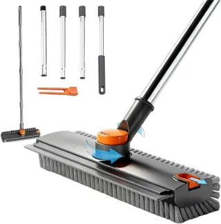 Floor Scrub Brush With 54in Adjustable Long Handle, Grey&Orange  3 In 1 Floor Scrub Brush With Scraper And Stiff Bristle, Heavy Duty Floor Scrubber For Shower Bathroom Kitchen Pati
