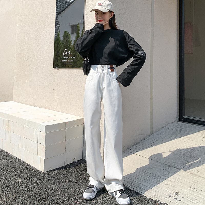 Women's High Waist Straight Loose And Slim Double Button Jeans