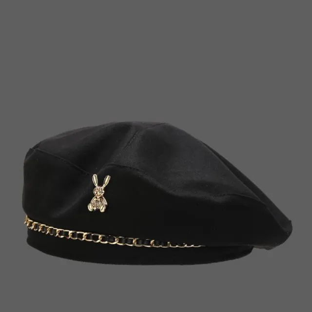 Autumn Winter Metal Chain Rabbit Female Beret Black - Shop at LoveMi