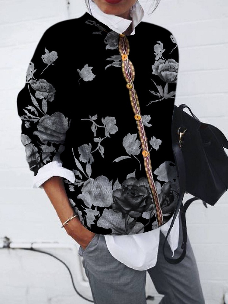 Women's Fashion Brushed Floral Print Cardigan Long Sleeve Top