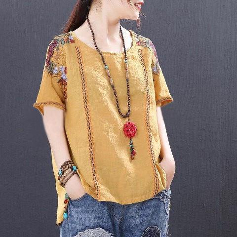 Literary Small Floral Embroidery Cotton And Linen T shirt Yellow - Shop at LoveMi