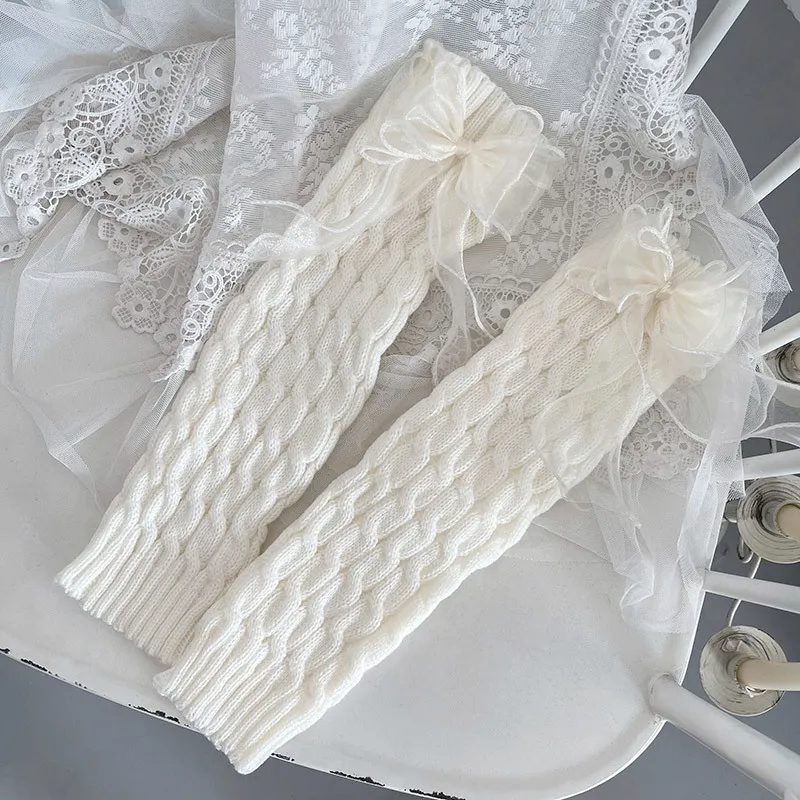 Three Layer Yarn Bow Elephant Leg Socks - White