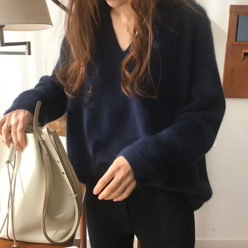 Women's Knitting Shirt V-neck Sweater Gentle Japanese Style - Navy