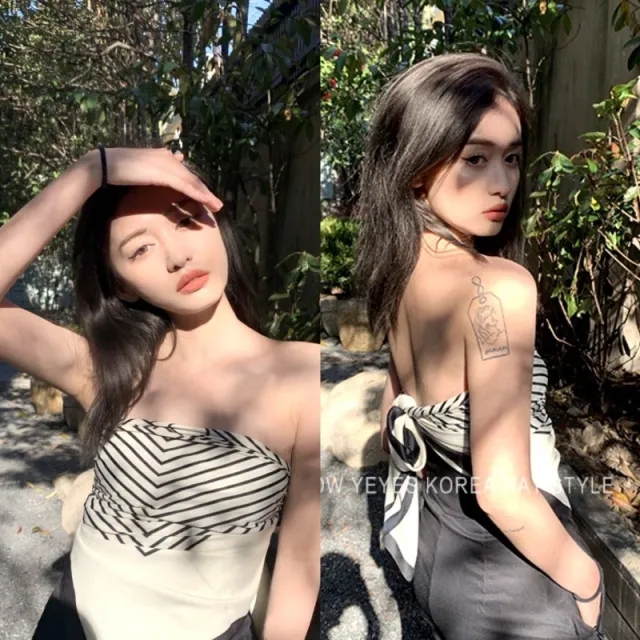 Women's Silk Scarf Strap Retro Tube Top Sun Protection Beige Stripe - Shop at LoveMi