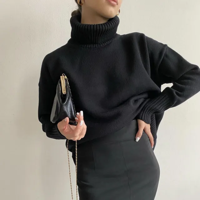 Solid Color High Collar Loose Casual Autumn And Winter Women's Sweater Black - Shop at LoveMi