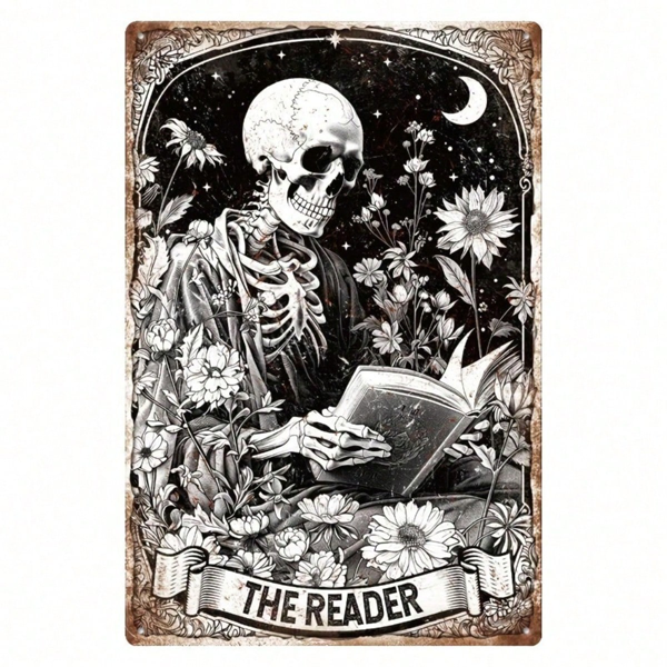 CIFbuy Vintage Retro Skeleton Reading Books Metal Tin Sign, Funny Floral Moon Pattern Rectangular Wall Art, Rectangular Wall Art, Waterproof Rustproof Unfram image 5