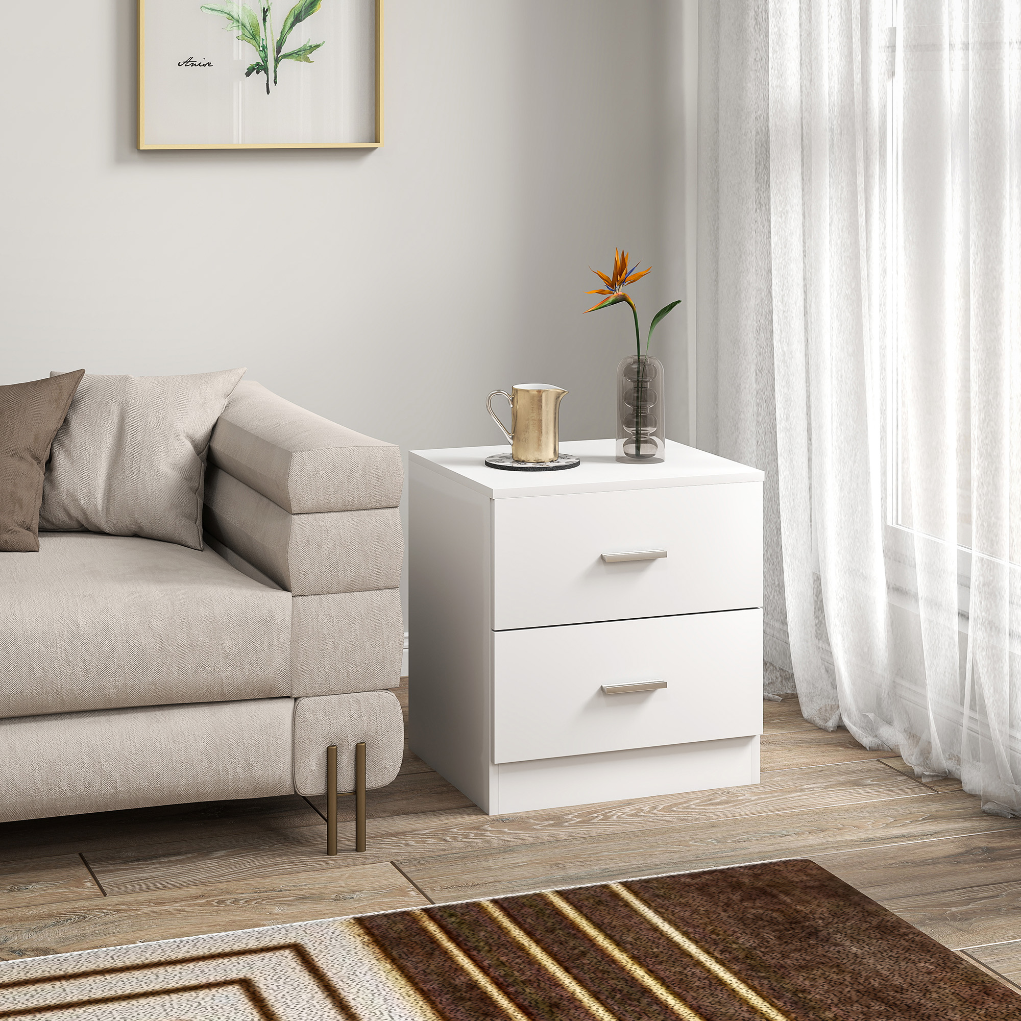 Bedside Table, Small With 2 Drawers And Storage Rack, Modern Bedroom White — image 8