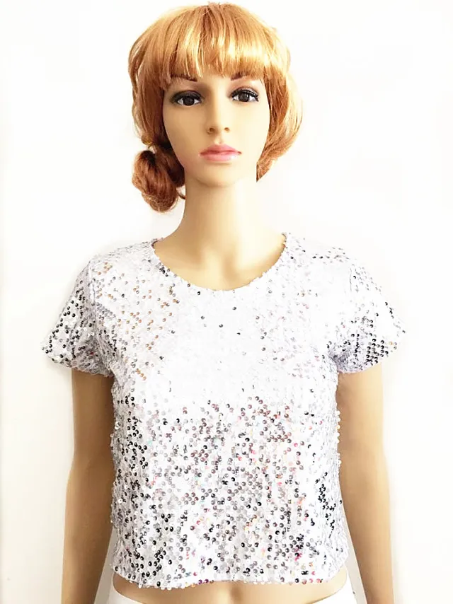 Ladies' Straight Stretch Sequin Short Sleeve T shirt Silver - Shop at LoveMi