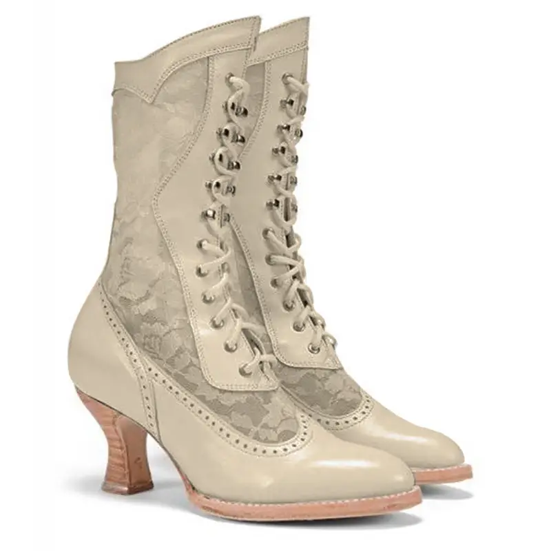 British Style Lace-paneled Boots With Front Lace-up
