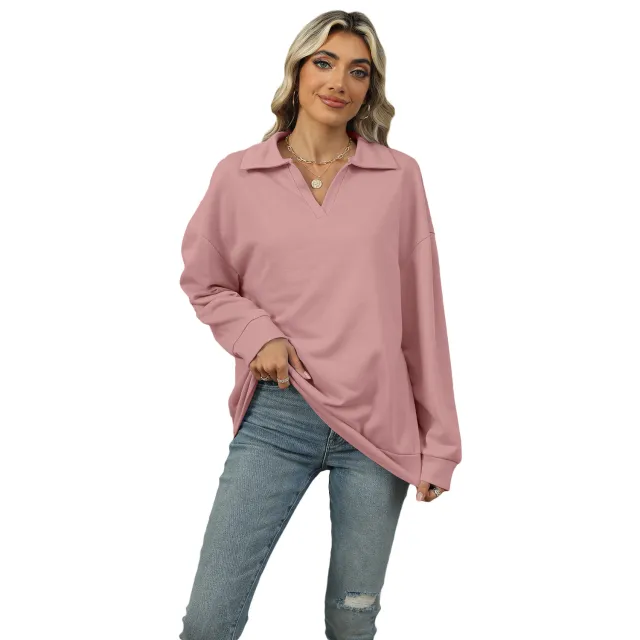 New Lapel V neck Sweatshirt Fashion Casual Loose Solid Color Long sleeved Pullover Top For Womens Clothing Pink - Shop at LoveMi
