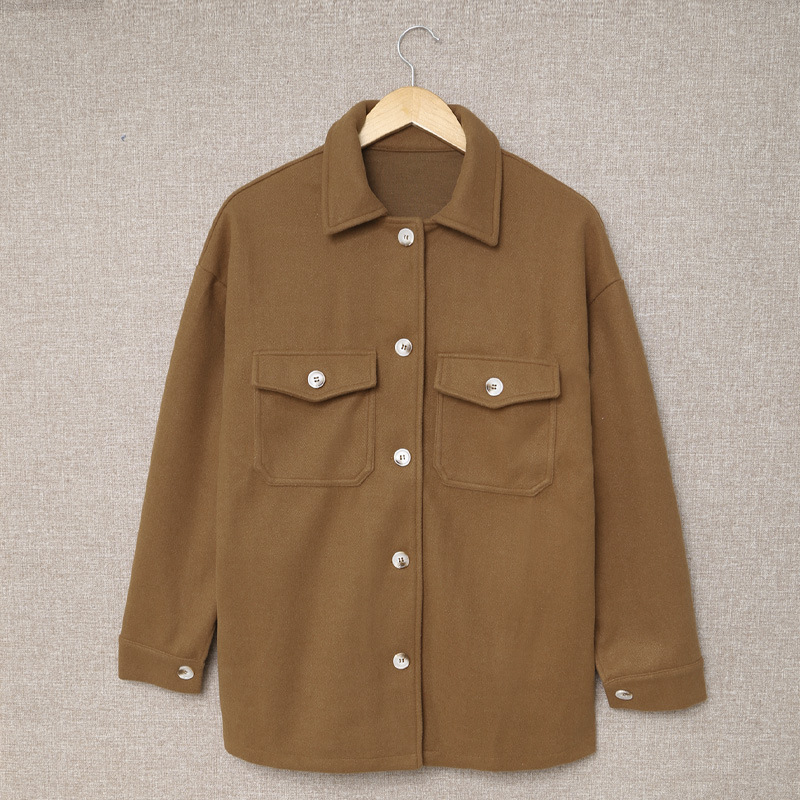 Women's Solid Color Pocket-breasted Lapel Woolen Coat