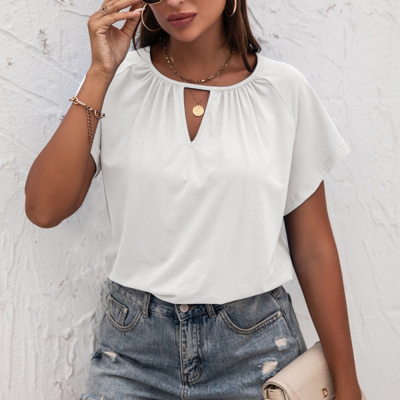 Cutout Short Sleeve T-Shirt Crew Neck Loose Knit Ladies