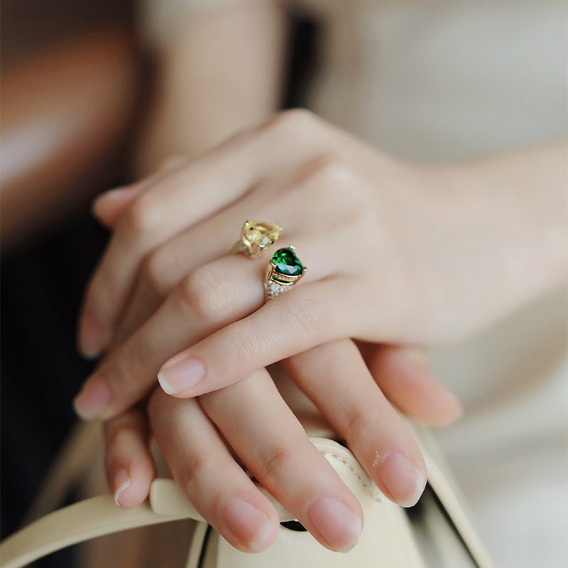 Design Colored Gemstone Index Finger Ring Women's Japanese Style