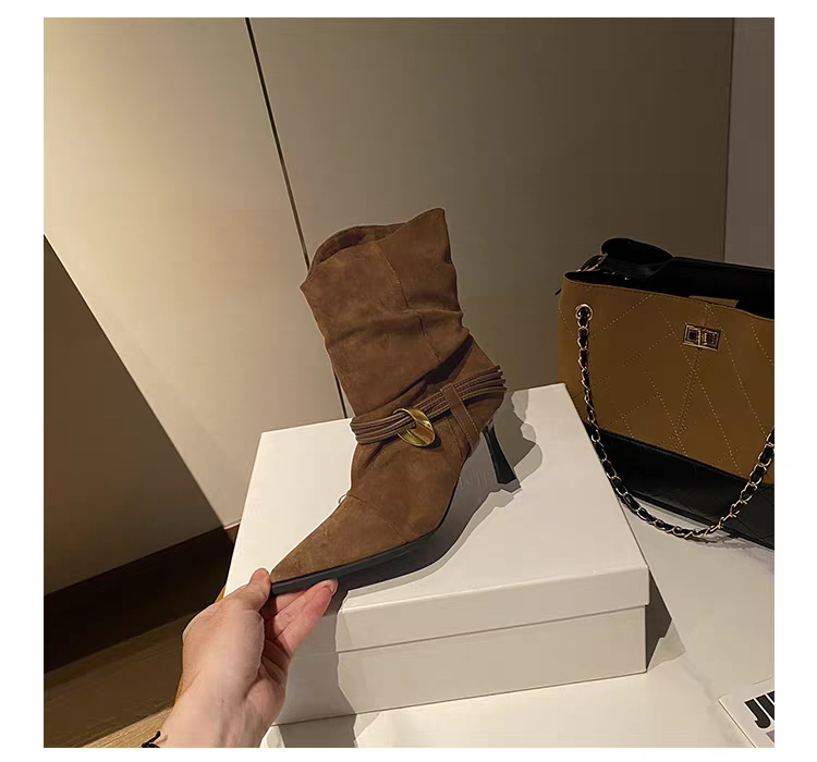 Women Soft Suede Wrinkle Slouch Boots, Maillard Retro Wide Shaft V-Cut Stiletto Western Ankle Boots For Autumn Winter
