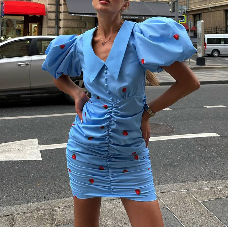 Blue Strawberry Print Ruched Mini Dress