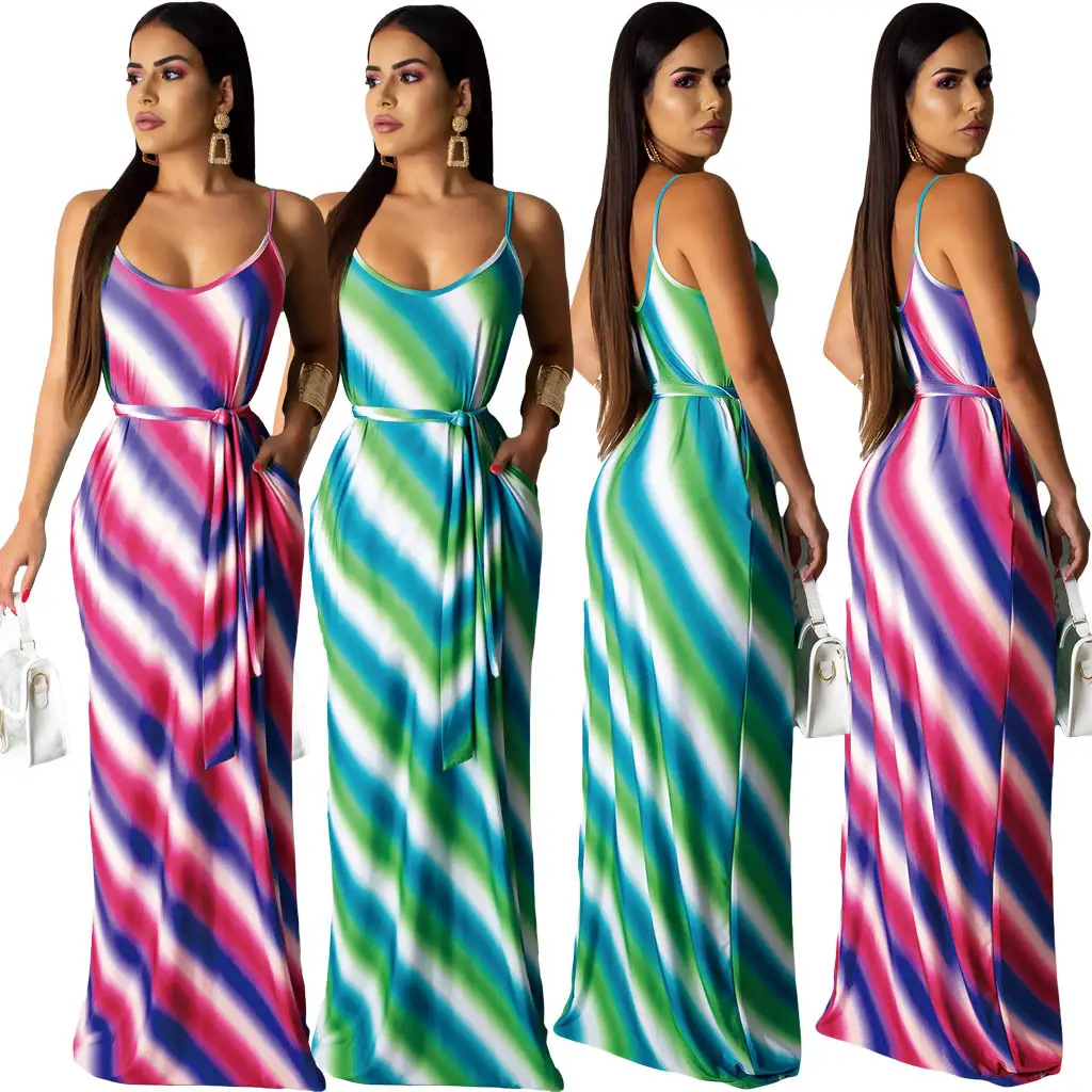 Casual Striped Print Suspender Dress With Belt