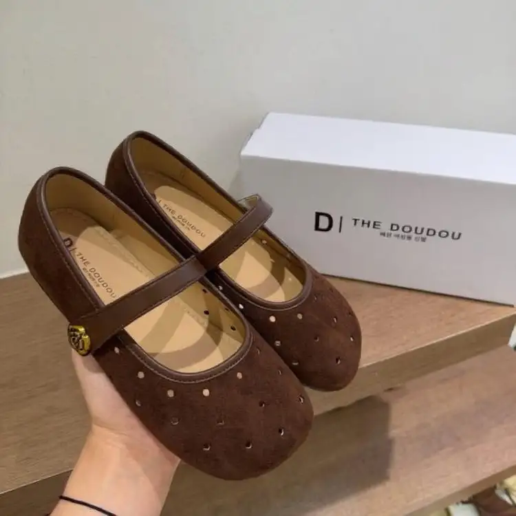 Brown Suede Cutout Mary Jane Flats, Breathable Round Toe Casual Shoes With Adjustable Strap, Soft Comfortable Summer Ballet Flats For Women