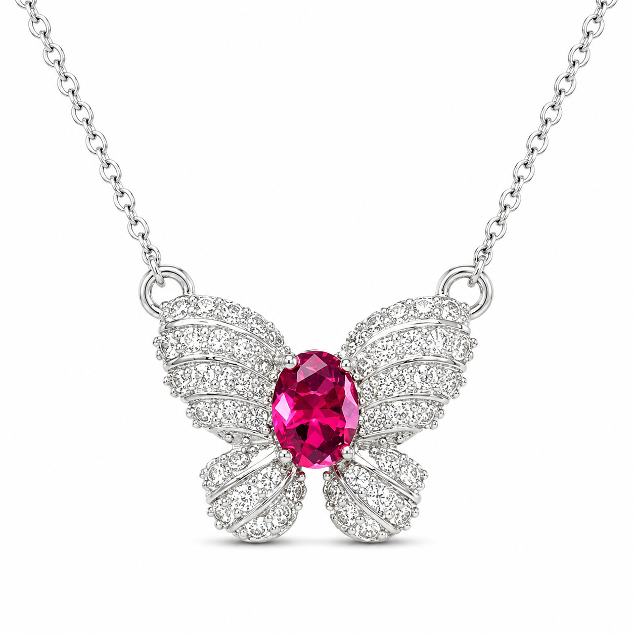 Oval Cut Hot CZ Butterfly Pendant Necklace For Women, Copper Plated Silver Full Pave White Cubic Zirconia Elegant Wedding Party Statement Jewelry Gift