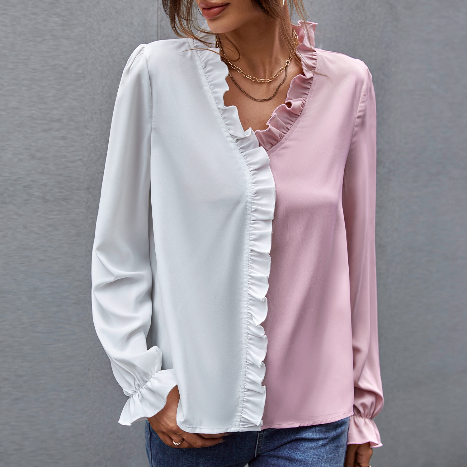 Title 3, Casual Color Matching V-neck Ruffle Shirt Women