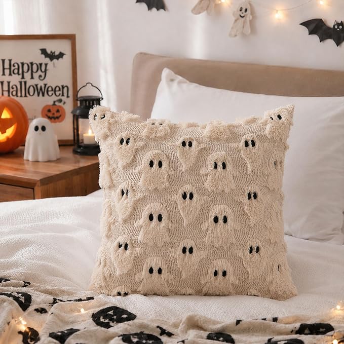 2-Piece Beige Halloween Pillow Covers, 18x18 Inch Ghost Pattern Decorative Cushion Covers 2