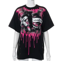 Casual Printed Round Neck Loose Tide Brand Short Sleeve T-Shirt Top - Rose Red - View 1