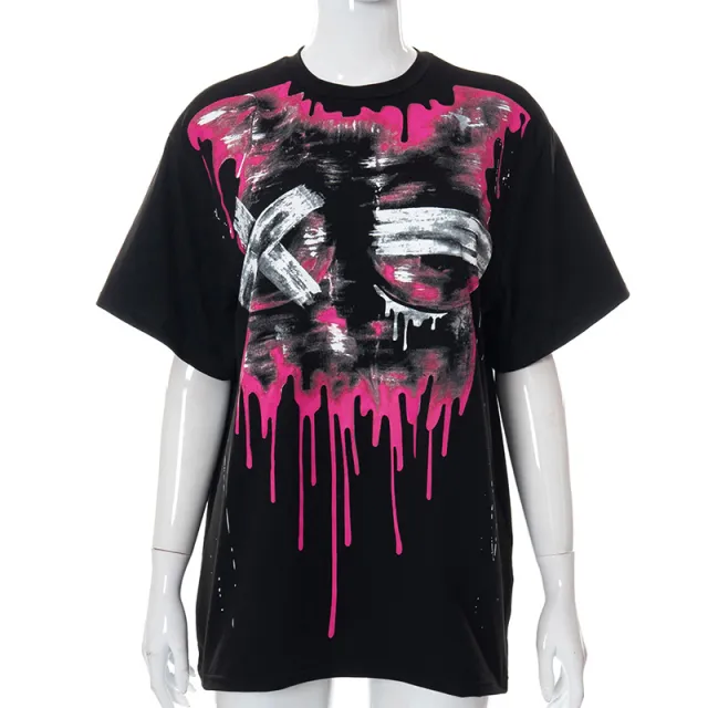 Casual Printed Round Neck Loose Tide Brand Short Sleeve T Shirt Top Rose - Shop at LoveMi