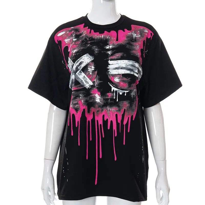 Casual Printed Round Neck Loose Tide Brand Short Sleeve T-Shirt Top - Rose