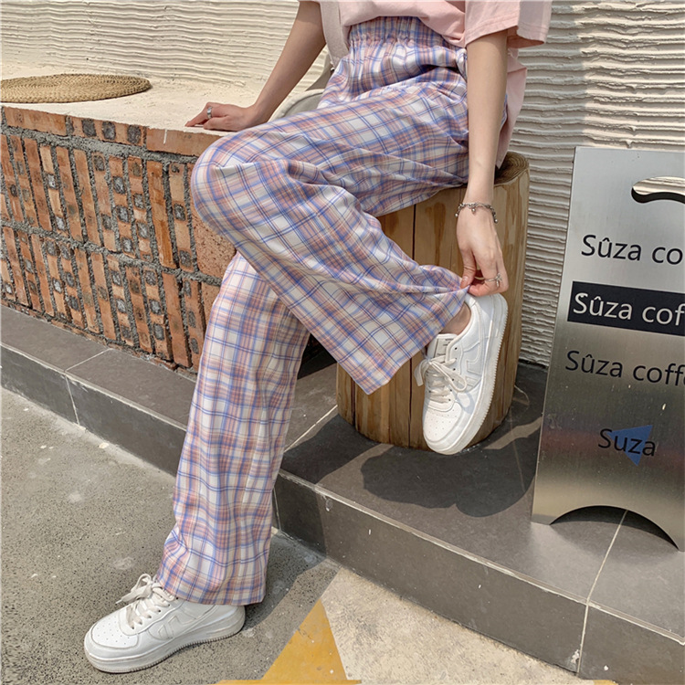 Ice Silk Pants High Waist Plaid Pants Korean Loose Wide-leg Pants