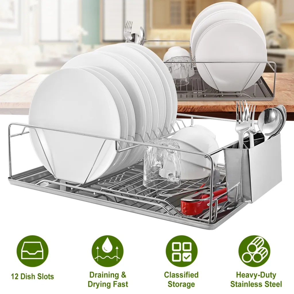 2 Size Optional Dish Drying Rack Stainless Steel Dish Rack With Drainboard Cutlery Holder Kitchen Dish Organiser