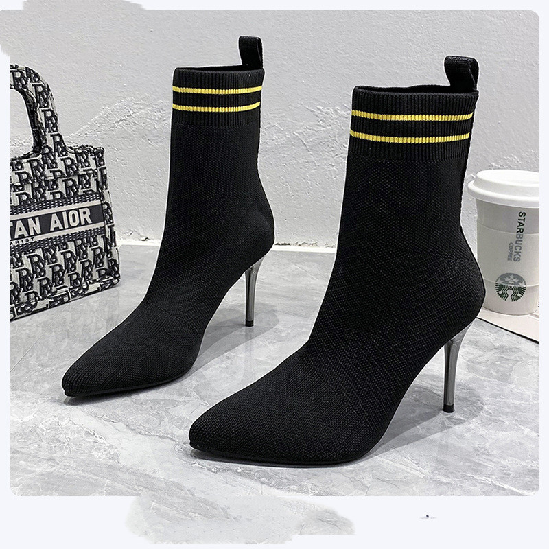 Women's Fashion Pointed Toe Stiletto Flying Knitted Ankle Boots