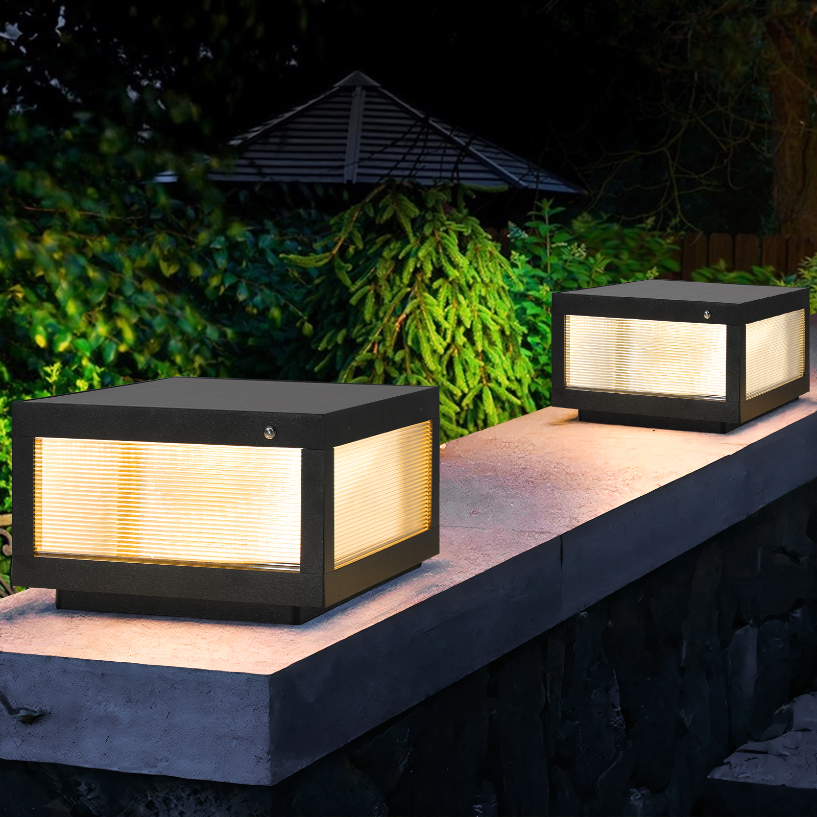 12 Black Solar Powered LED Post Cap Light, Modern Outdoor LED Fence Light For Pathways, Decks, And Patios   2-Pack