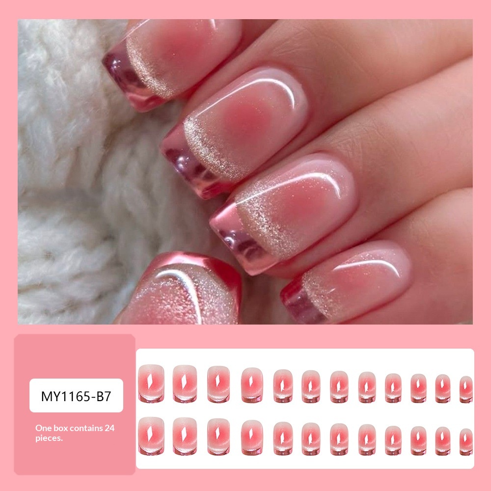 24 Small Square Press-on Nail Pink French Acrylic Nail Stickers With Cat-eye Gradient Effect For Gradual Color Blending, Including 1 Tube Of Gel And 1 Nail File. Nail Accessories. — foto 4