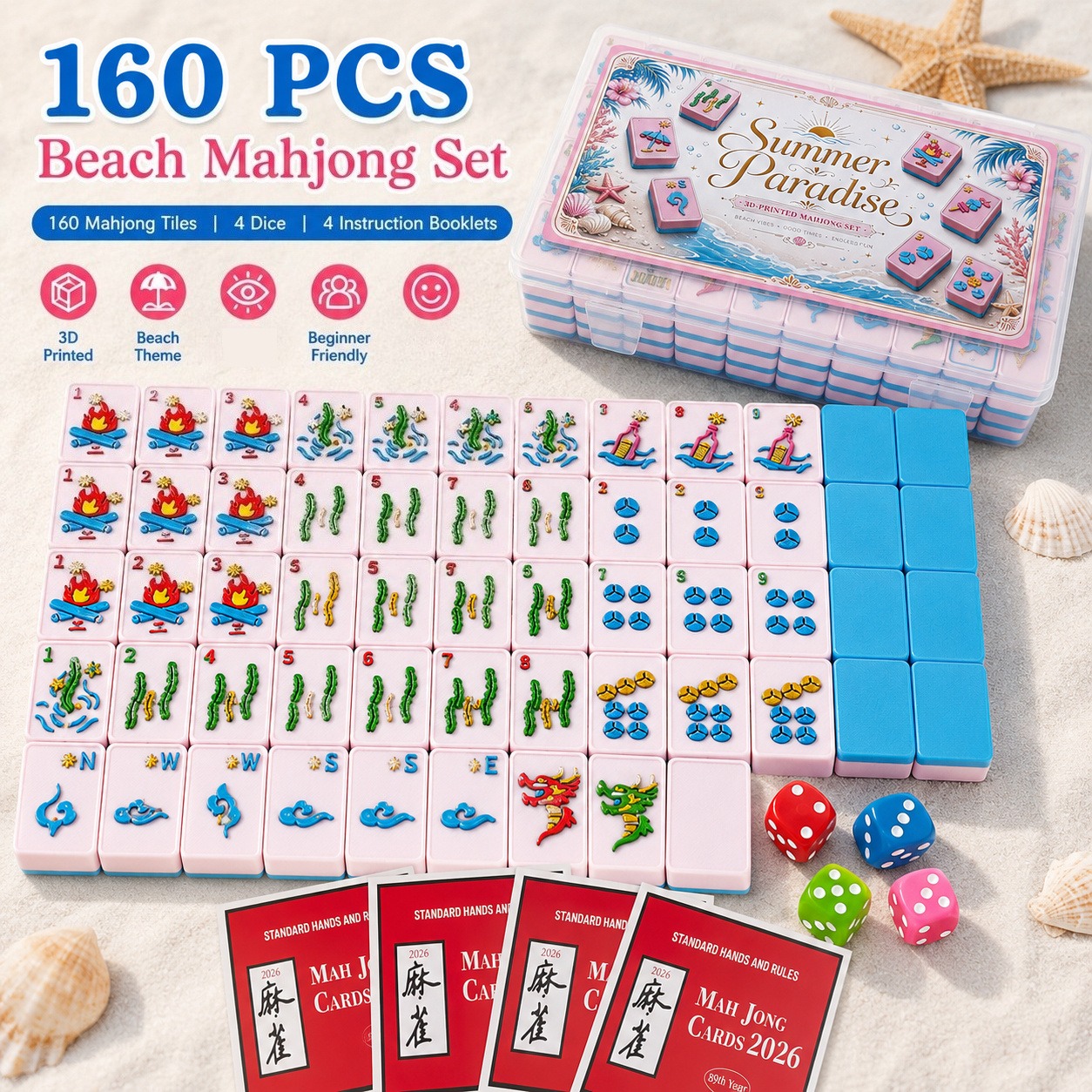 160PCS Beach Theme American Mahjong Set, 3D Printed Mahjong Tiles With 4 Dice, 4 Guide Cards And Storage Case