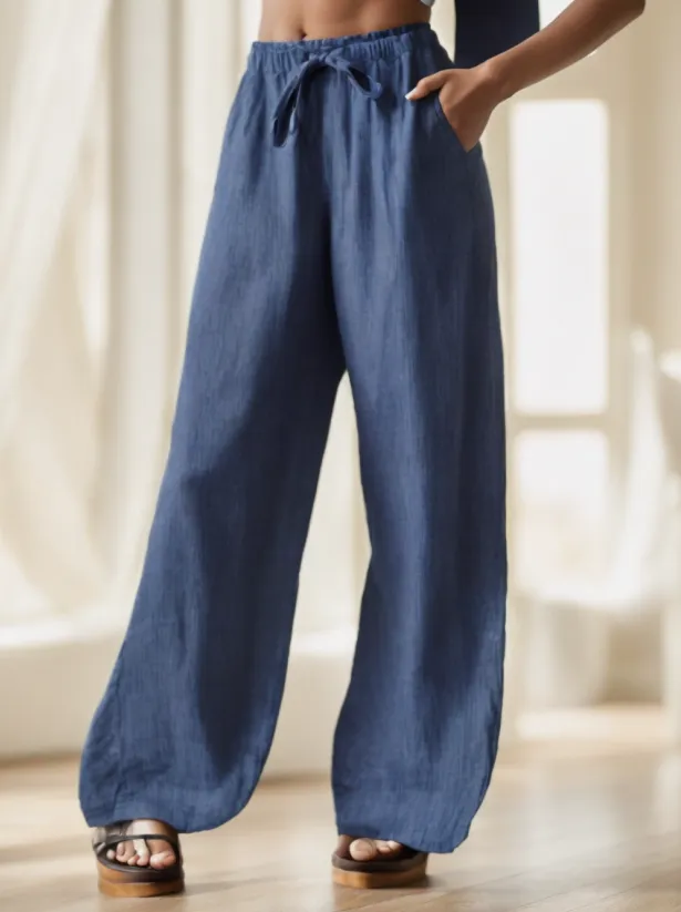 Women's Solid Color Simple Texture Wrinkled Loose Fit Pants For Daily Wear Blue - Shop at LoveMi