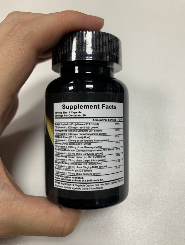 Bottle of Shilajit Pure Himalayan 9000MG, Energy Booster Ashwagandha 2000MG, Rhodiola Rosea 999MG, Panax Ginseng 1500MG, Turmeric 500MG, Ginkgo Biloba 500MG, Stinging Nettle 250MG Cordyceps Mushroom 500